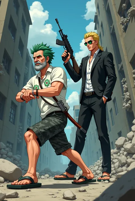 Male , Missy short hair green color ,white polo with green flowers ,have red eyes, gray facial hair in the chin ,wearing flipflop, black short gray camo,eye glasses,dual katana on his back. Male in black suit with facial hair,blonde mullet ,green eye, tict...