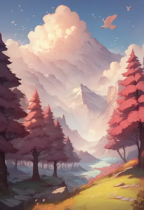 Deep forest, distant mountains, flying birds. Two-dimensional style, bright and vibrant, cherry blossoms cover the mountainside, the sunrise can be seen in the distance, a stream meanders, there are a few daffodils on the bank, the sunrise