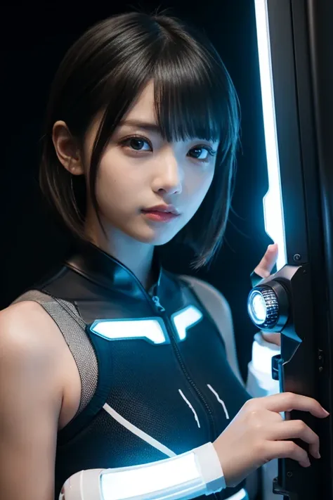 8k,  masters work , Complete diagram,  Focus on Calves , 18 years old,  wear transparent sci-fi clothes,  beautiful face,  Details, hand, ultimate  Details,  amazing、 amazing, LED interior lighting,  cyberpunk style , fiber fiber hair  , Blue glowing iris,