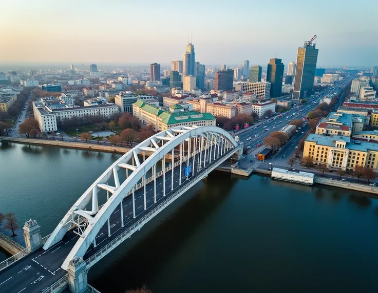 Polands capital city with a bridge, viewed from above.






