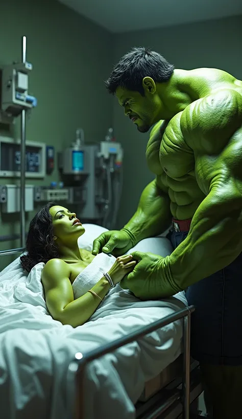  Hulka with her bright green skin is on a hospital bed in the delivery room .Hulk is next to him holding his hand  