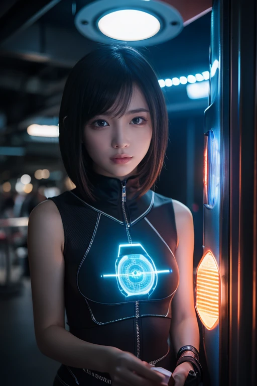 8k,  masters work , Complete diagram,  Focus on Calves , 18 years old,  wear transparent sci-fi clothes,  beautiful face,  Details, hand, ultimate  Details,  amazing、 amazing, LED interior lighting,  cyberpunk style , fiber fiber hair  , Blue glowing iris,