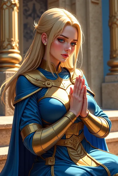 (( best quality )), ((masterpiece)), ( Details), (1 girl), Sexy anime beautiful girl ,  Bust９０Beautiful Woman with Big Breasts in CM ,  straight blonde ,  young woman ,  fantasy female monk in blue and gold priest uniform, ((( Fantasy Temple of Worship )))...