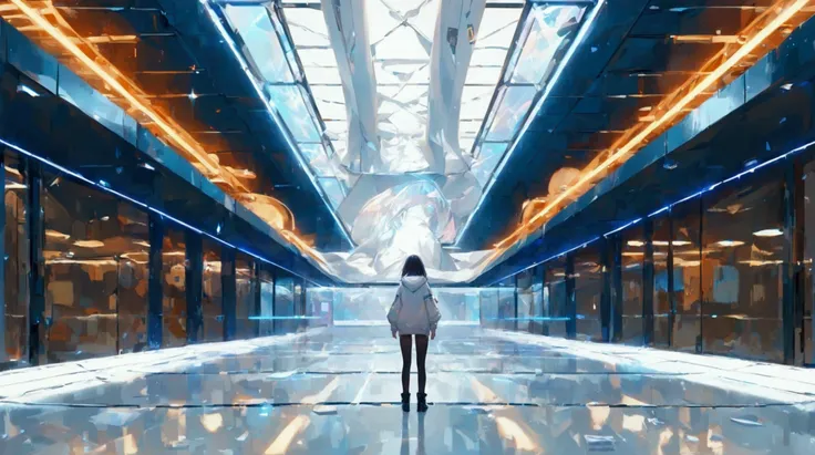 Futuristic and spacious 々 3D space 、 walls and ceilings composed of glass and metal 、 with blue white LED lighting 、 with floating displays and holograms 。 overall clean and modern design 、 with emphasized depth 、 A seamless white floor spreads out in the ...