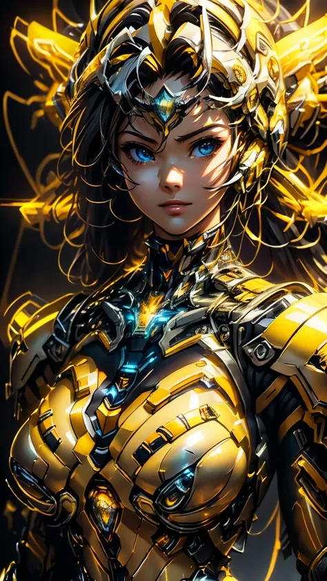 woman in a yellow armor with a large gun, mechanized valkyrie girl, female mecha, girl in mecha cyber armor, bikini armor female knight, gold heavy armor. dramatic, angelic golden armor, golden armor, rossdraws digital painting, fantasy paladin woman, ross...