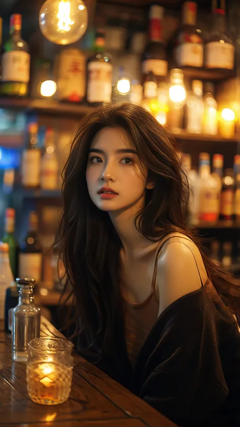 sdmai, fanhua, 1girl, solo, long hair, blurry, looking at viewer, brown eyes, brown hair, bottle, depth of field, parted lips, l...