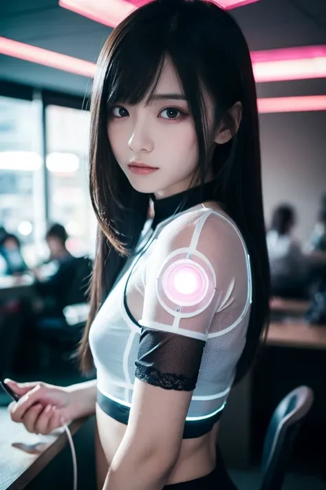 8k,  masters work , Complete diagram,  Focus on Calves , 18 years old,  wear transparent sci-fi clothes,  beautiful face,  Details, hand, ultimate  Details,  amazing、 amazing, LED interior lighting,  cyberpunk style , fiber fiber hair  , Blue glowing iris,