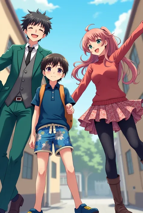 Anime boy in blue floral shorts and blue button up short sleeve shirt with an anime girl in black leggings and a red long  sleeve sweater and another boy in a green suit