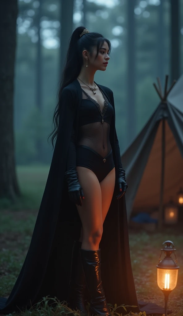 masterpiece, Perfect face 1:1, Forest clearing, tent, dim lantern light, illuminated by a full-size ballerina, standing on tiptoe, Black Long Boots, У Балерины на ногах одеты чёрные длинные сапоги по колено, Ballerina wearing transparent underwear violet c...