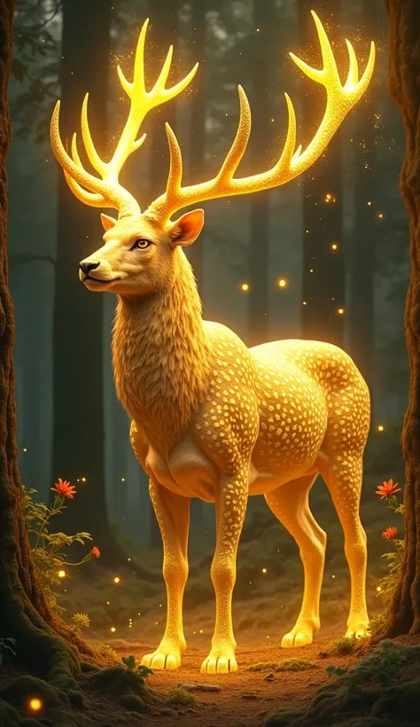 Golden Stag-Leopard God:
A regal golden stag with sleek leopard-like fur patterned in glowing runes, standing in the middle of an enchanted forest. Its enormous antlers radiate golden light, with tiny ethereal orbs dancing between the branches. The creatur...