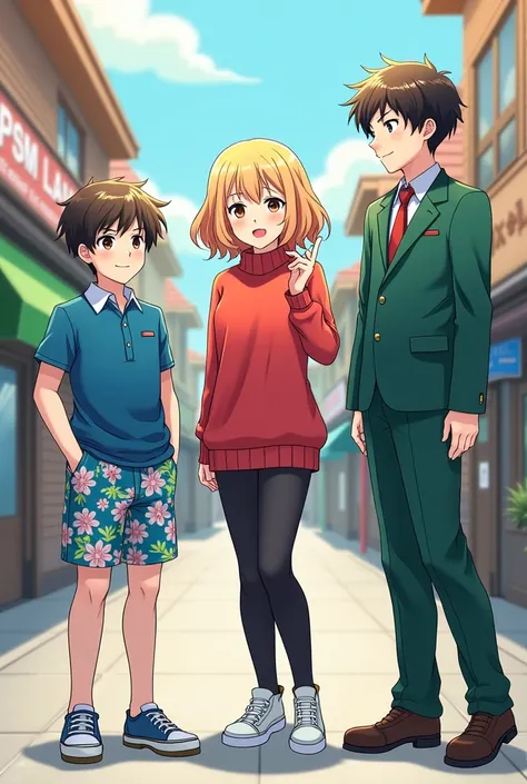 Anime boy in blue floral shorts and blue button up short sleeve shirt with an anime girl in black leggings and a red long  sleeve sweater and another boy in a green suit