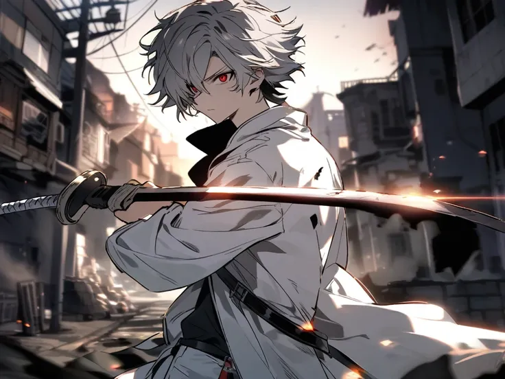 A man

18 years old

with short silver hair,

red eyes

wearing a white robe,

standing on the street with his back facing away,

holding an ancient sword,

wielding the sword to chop and slash,

with five distinct fingers. The setting sun and dusk shine b...