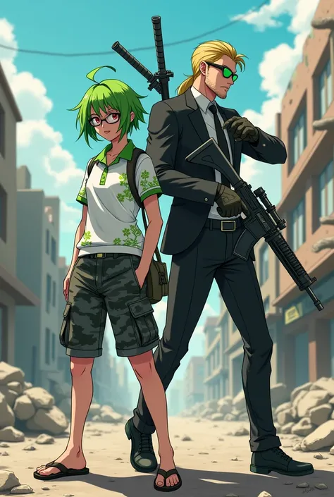 Male , Missy short hair green color ,white polo with green flowers ,have red eyes, gray small facial hair in the chin ,wearing flipflop, black short gray camo,eye glasses,dual katana on his back. Male in black suit with facial hair,blonde mullet, facial ha...