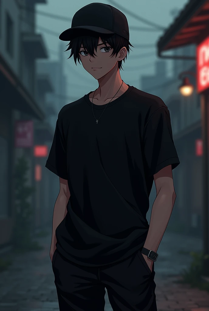 Anime black shirt black pants black hat backwards