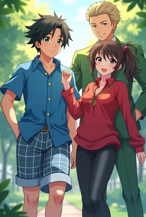 Anime boy in blue plaid shorts and blue button up short sleeve shirt with an anime girl in black leggings and a red long  sleeve sweater and another boy in a green suit