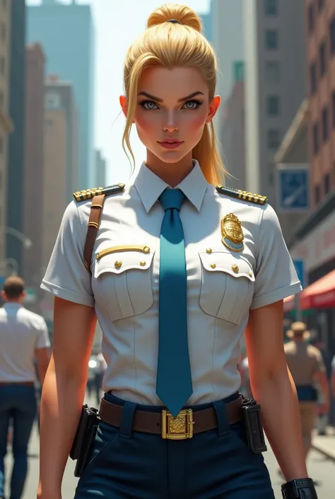  A  giant police sergeant girl with white uniform, blonde hair, blue tie