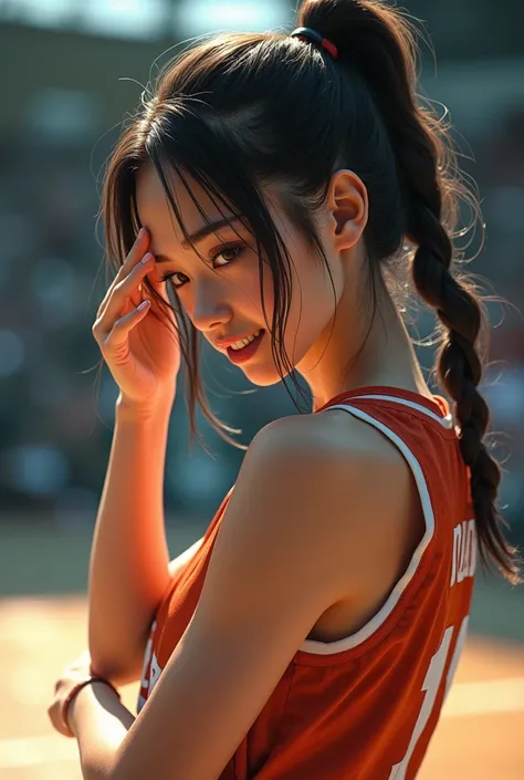 Upper body of an attractive 17-year-old female basketball player, wiping sweat from her forehead during a break in a prefectural tournament game, with a tired but beautiful smile