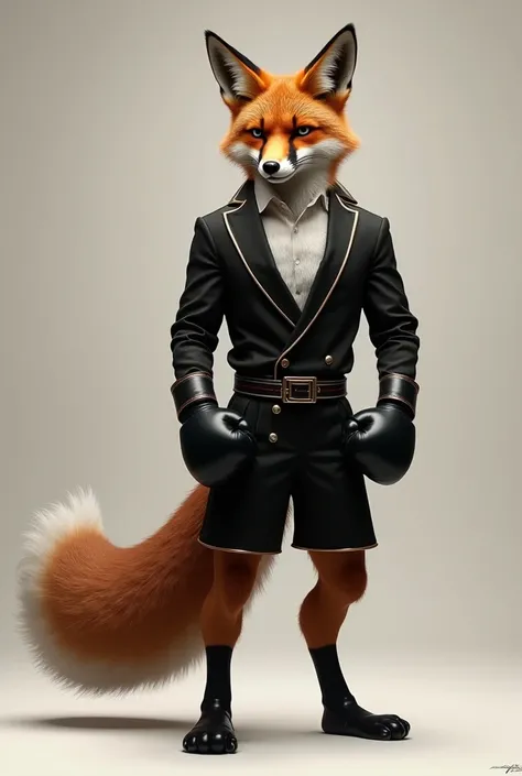 A boxer fox wearing a luxurious black boxing costume and a long tail