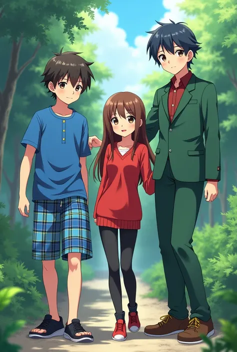 Anime boy in blue plaid shorts and blue button up short sleeve shirt with an anime girl in black leggings and a red long  sleeve sweater and another boy in a green suit