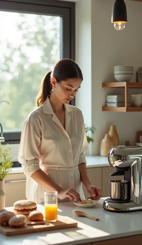 A woman stands in the kitchen of her modern home while preparing breakfast. She is using some iconic objects of the alessi brand, such as the coffee maker, juicer, and corkscrews in the shape of a woman.  The atmosphere is serene and relaxed. 