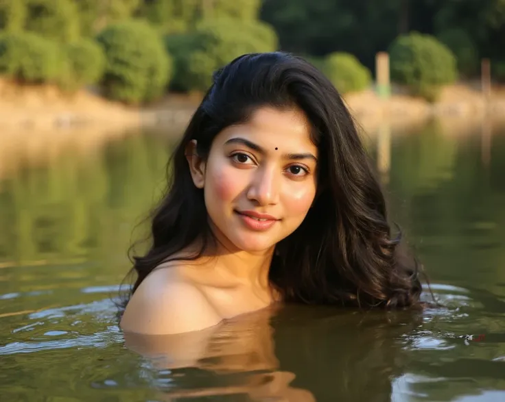 "Create a photorealistic 8k full-body image of an Indian woman standing gracefully in a calm lake, with water reaching her waist. She has glowing skin, expressive eyes, and a serene expression captured in exquisite detail. Her wet hair flows naturally over...