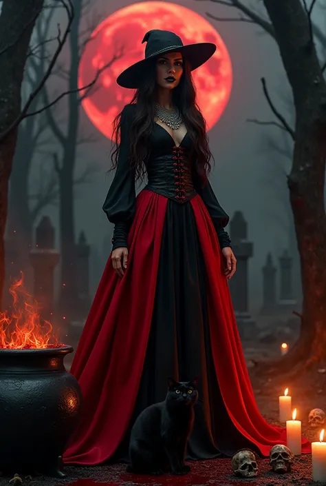 A hyper-realistic full-length portrait of a captivating, imposing woman who embodies the mystique of the Umbanda witch. She stands in a dark, eerie, atmospheric graveyard, dressed in a long, flowing royal gown of red and black with a wide, voluminous skirt...