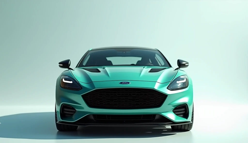 

"A dark teal-green sports car, a Ford Capri, is presented in a full frontal view. The car is centered in the frame and positioned directly facing the viewer. The cars body is highly polished, reflecting light and showcasing its sleek design features. The...