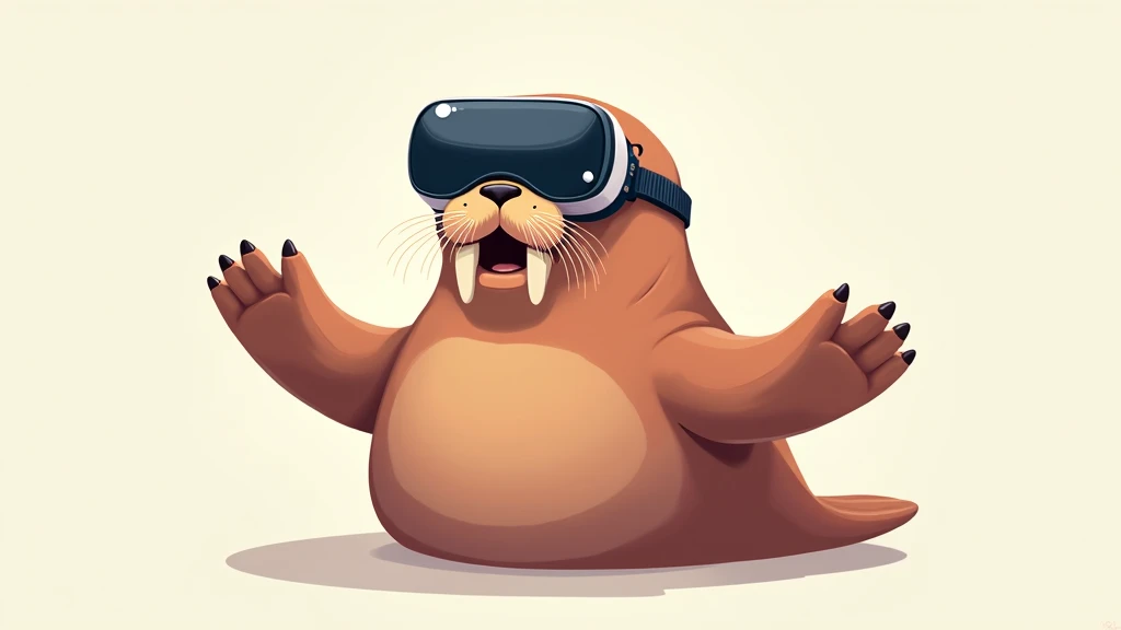 A cute illustration of a walrus wearing AR goggles and putting its hands forward