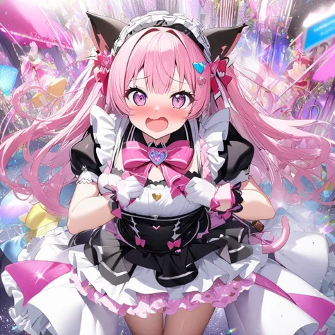 1girl, masterpiece,  best quality,  very aesthetic,  ultra high resolution、Maid、Maid服、Cat ears、tail、 pretty girl、Cute、Beauty、beautiful、Shake it、 imaginary、 colorful 、 embarrassed 、 is shy、 glitter、 Magical Girl、Idol、Gothic Lolita