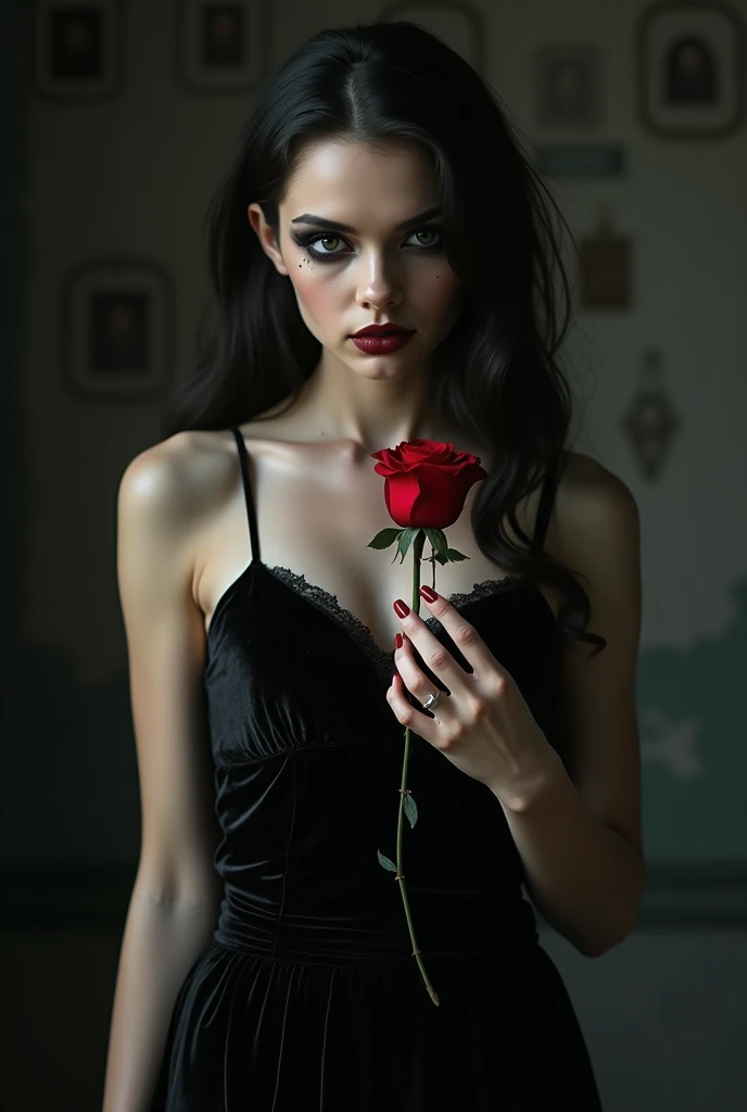 A gothic girl with dark makeup and a black velvet dress, holding a red rose with a mysterious expression, seducing, front view