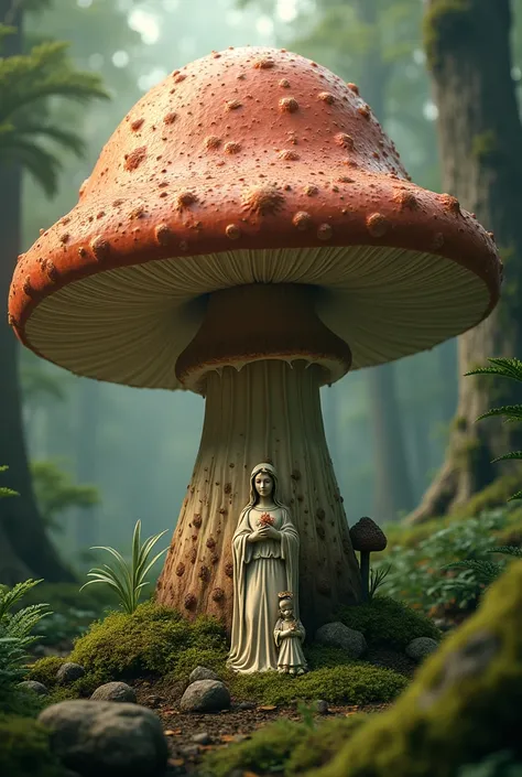 create a fat mushroom that has a holy family statue below