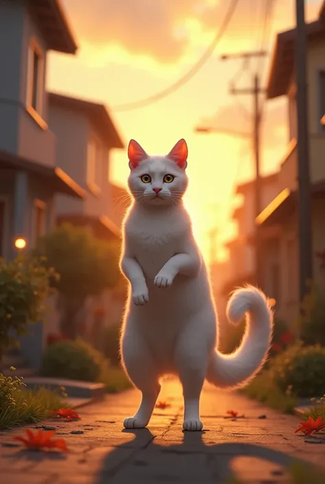 A white cat standing on two legs broke up and leaves home in the evening.