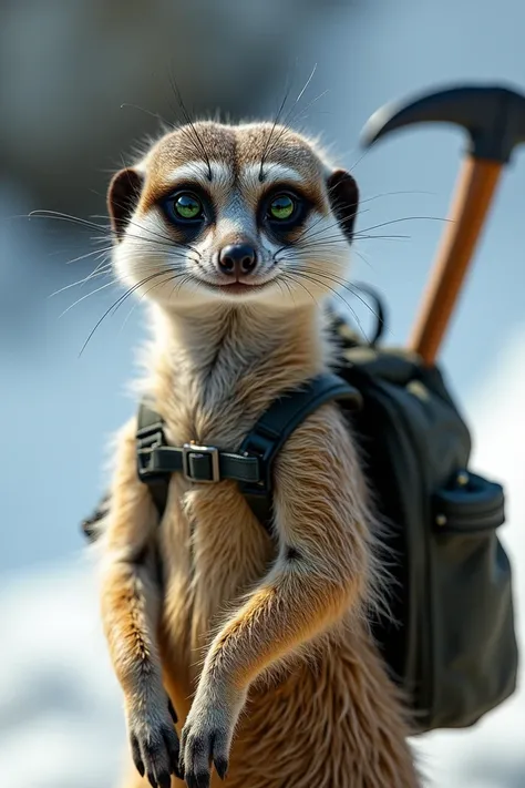  green-eyed meerkat ,  black hair, Tupé hairstyle , with a backpack and an ice axe 