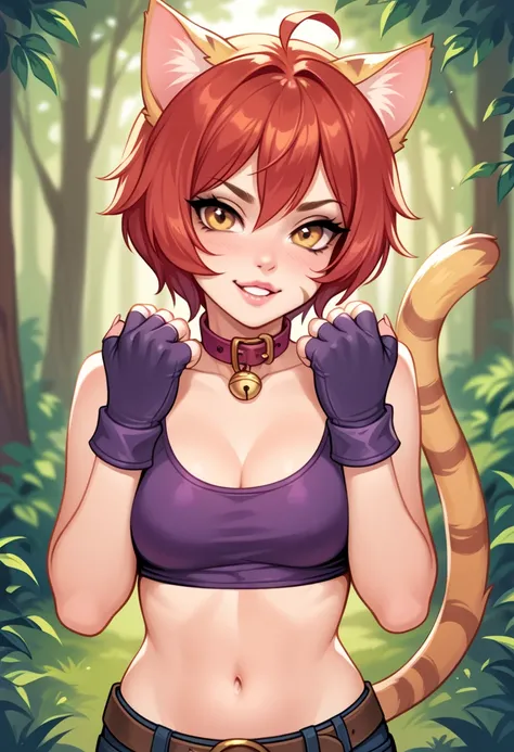 Illustration, realistic proportions, rinpoo_chuan, cat ears, short wild red hair, brown stripes in face, amber eyes, collar, (purple neckholder top), long purple fingerless gloves, golden bracelets, wide belt,lower body yellow fur with brown stripes, cat t...