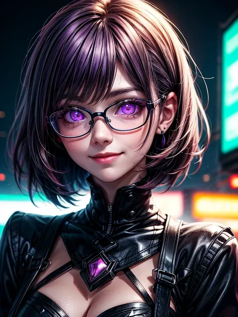 purple, neon lighting,  Short hair,  pale skin, Brightly glowing purple eyes, Portrait of a cute smiling girl wearing metal frame glasses