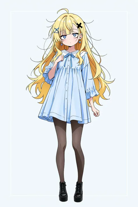  high quality
1 girl   ,    Sky Blue Eyes ,    Blonde 、   shortcuts ,     tights、    earrings for women  ,  Ahoge,     asymmetrical bang  ,   x-shaped hair ornament ,  [[Sleepy eyes、   black tights、whole body、Time to Sleep 、 The background is white、Skin on...