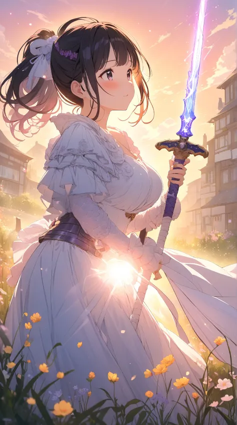 1 girl, ( cute face),  ponytail, to many hairstyle, (blush:1.2),  Big Breasts ,  Magical Swordsmans Armor , Glowing Sword,  Pottery skin ,  Cowboy Shot , break,  Shining Magical Energy, ( Soft Light:1.2), Gentle Shadow , break,  Beautiful Sunset Sky , Flow...