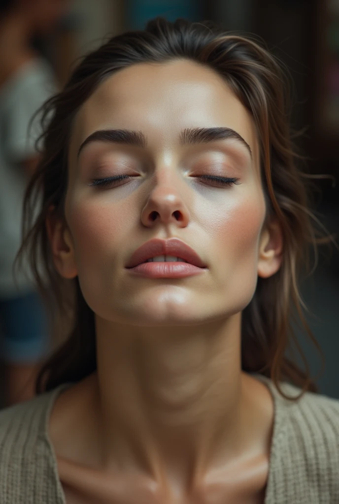 Show how much a beautiful real womans head has been amputated,   on the Table  , in a Public Market,, ((  eyes closed  )), Realistic, 4K, Nikon, , Public Market,  Natalie Portman ,リアルなnose孔と肌,細長いナッツ型のnose孔,beautiful detailed nose,Realisticな肌の質感,real skin, ...