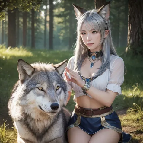 a vibrant stained glass art piece of ( a cute silver-haired woman with real wolf ears patting the wolf) , In a stunning fantasy world, breath of the wild, fantastic wilderness atmosphere, beaming with joy, in bright natural light, beautiful, 8k, uhd, profe...