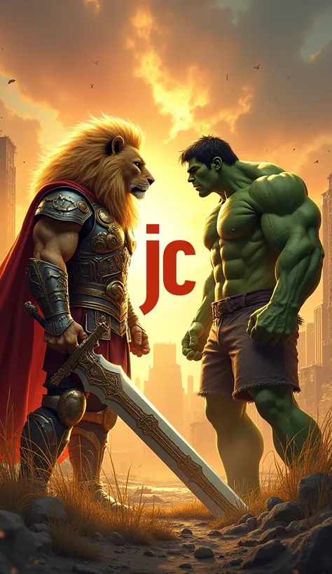 "An epic illustration of two iconic characters facing off, one on each side of the image. On the left, a powerful humanoid lion with a majestic golden mane, wearing a regal warrior outfit with intricate armor and a flowing red cape, holding a massive, glow...