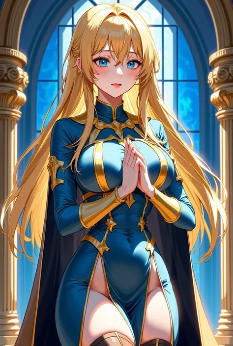 (( best quality )), ((masterpiece)), ( Details), (1 girl), (((Sexy anime beautiful girl ))),  Bust９０Beautiful Woman with Big Breasts in CM ,  straight blonde ,  young woman ,  fantasy female monk in blue and gold priest uniform, ((( Fantasy Temple of Worsh...