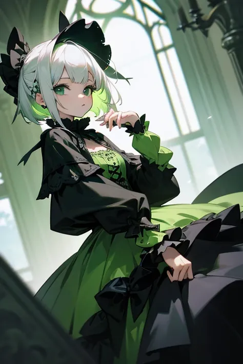  Short white hair, ,   Gothic Lolita  、  punk fashion、Clothes、Front、Excellent。Green Dress、