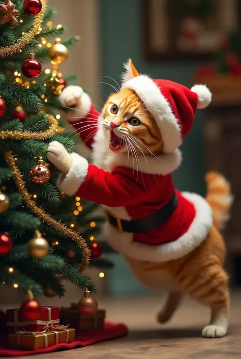 Orange cat attacking the christmas tree in santa’s costume