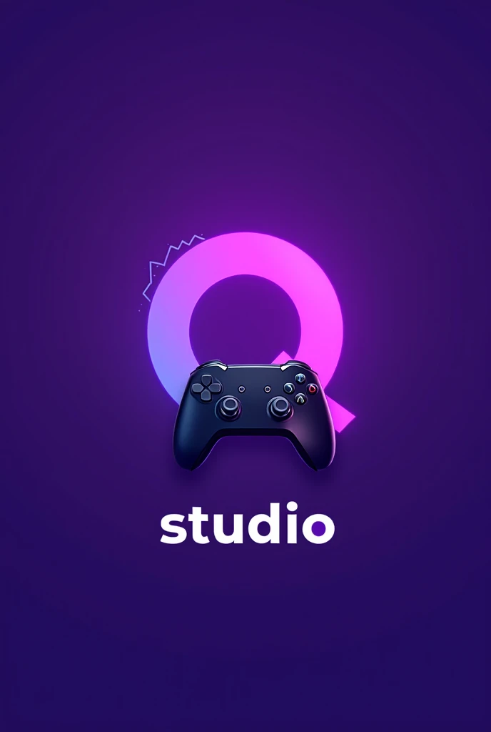 Purple background with a Q that have gaming controller and the word studio below it,the controller doesnt have a brand