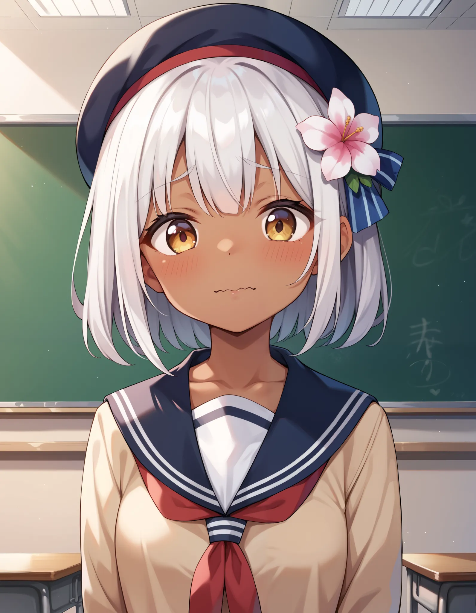 score_9, score_8_up, score_7_up, Faputa, Dark skin, White fur, looking at viewer, masterpiece, absurdres, high quality, highres, school uniform, beret, upper body, classroom, shy, looking down, wavy mouth, hair flower, arms behind back, standing,