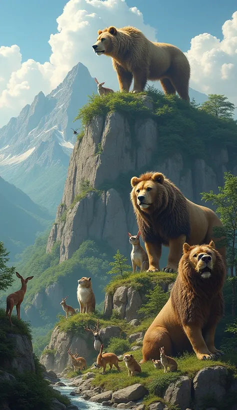 Bears and lions stand on the mountain and there are many animals below like dog, cat, rabbit, deer, mouse, cat, monkey, birds, everything is below and lions and bears stand on the mountain