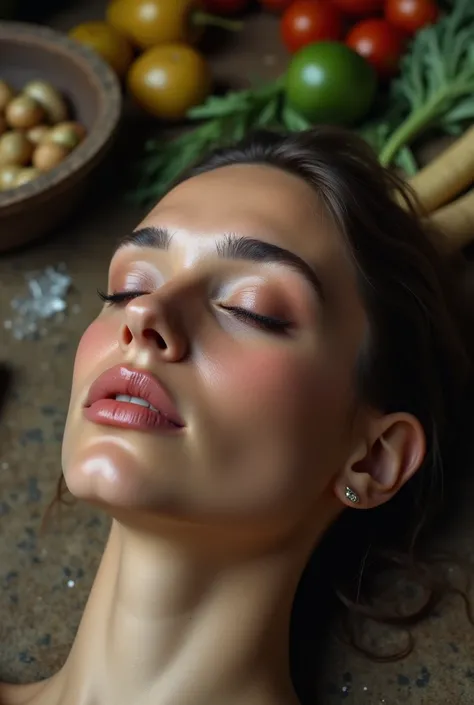 The head of a beautiful real woman is placed on a dirty floor,  on the Table  , in a Public Market,, ((  eyes closed  )), Realistic, 4K, Nikon, , Public Market,  Natalie Portman ,リアルなnose孔と肌,細長いナッツ型のnose孔,beautiful detailed nose,Realisticな肌の質感,real skin, o...