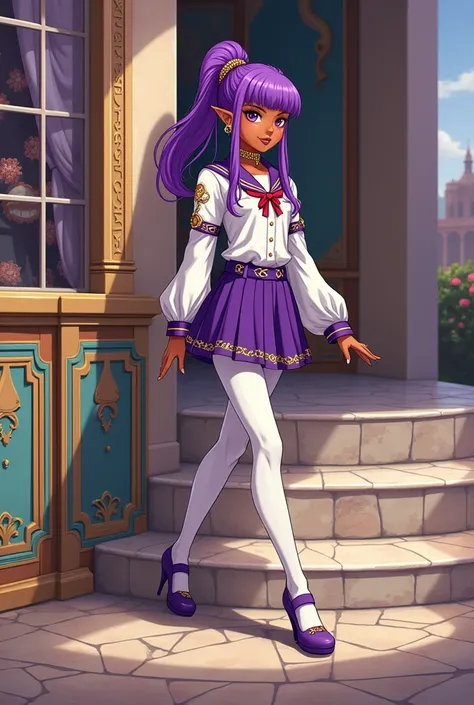 masterpiece, top quality, best quality, (official art, beautiful and aesthetic:1.2), (1girl), extreme detailed,colorful, (solo), full body, woman, Arabian petite teen djinni beauty, dark skin, pointed ears, head tilted down coyly, purple hair jeweled ponyt...