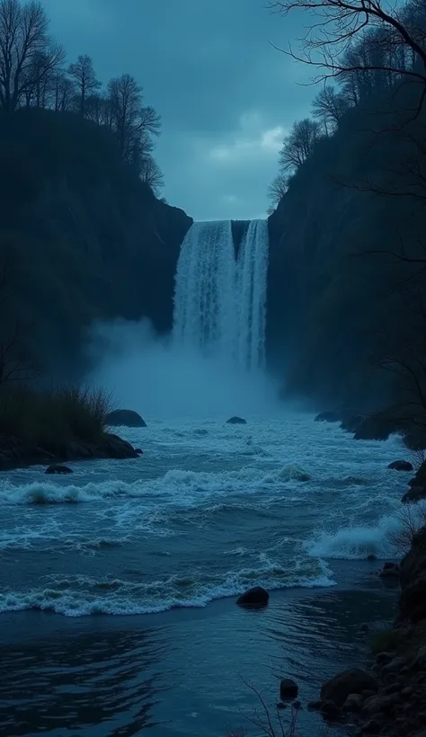 illustration of a river that was initially calm at night, suddenly the water overflowed dramatically like a dam that broke, flooding the entire river bank. Mysterious and tense atmosphere, suitable for depicting unexpected moments, shooting from a distance...