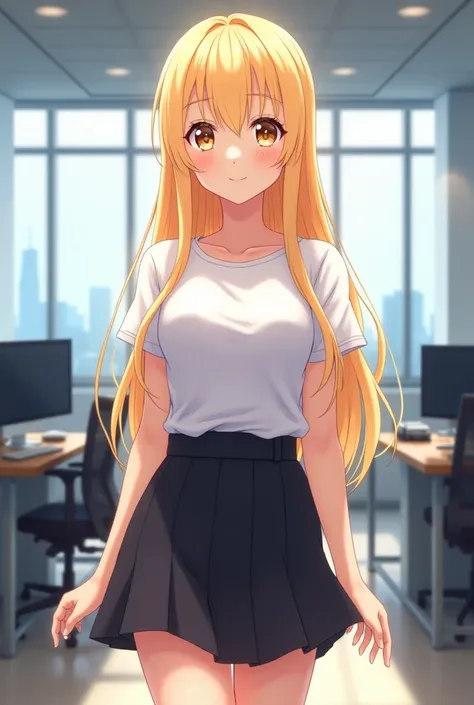 (An anime girl ), the girl have blonde straight very long hair, Lazaord Eyes, she wearing an office uniform, she super Cute, and she walking in middle of office environment, (Her clothes is white t-shirt and short black skirt, the  skirt begin from  her wa...